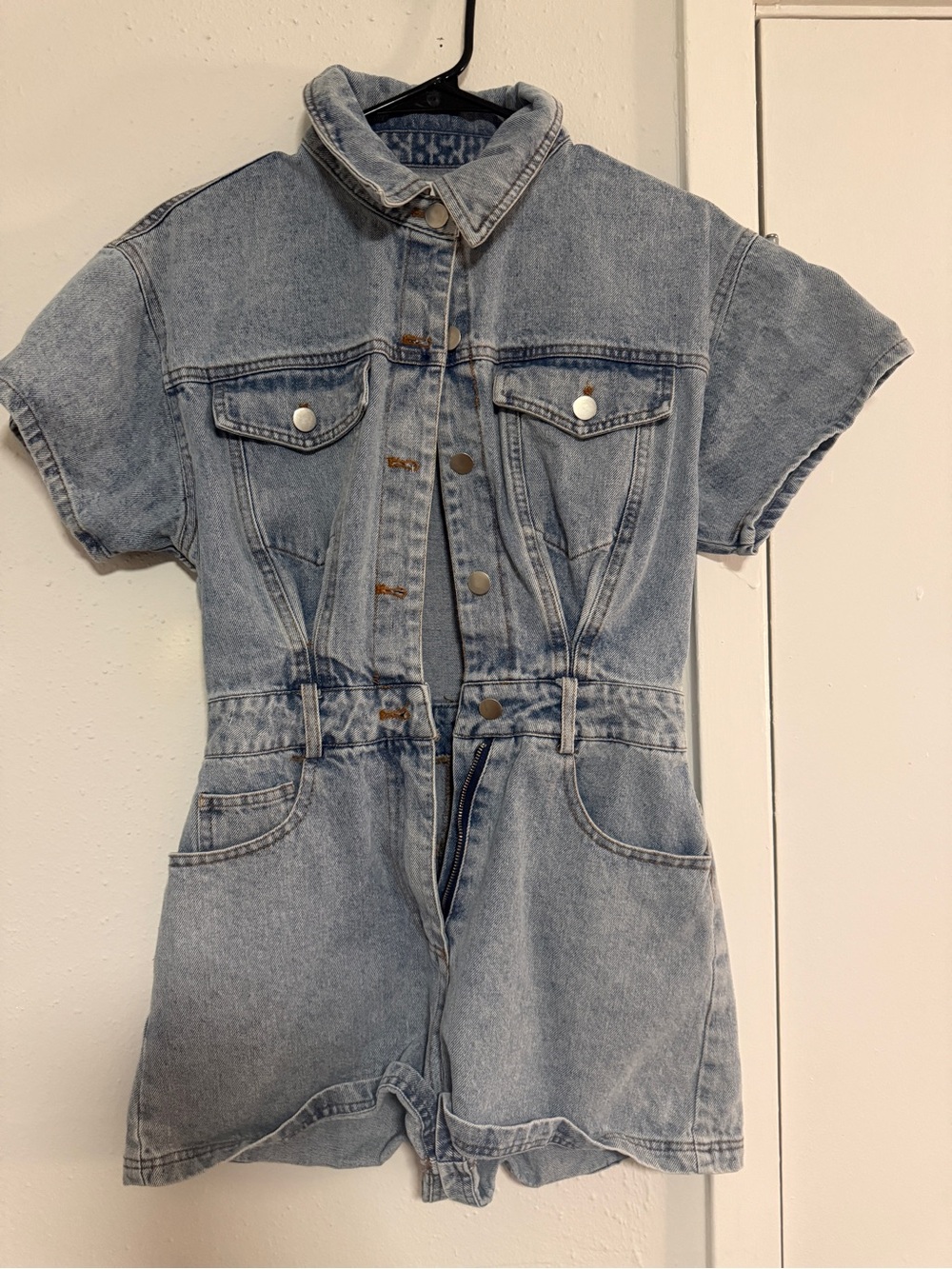 Women’s Light Wash Denim Romper Shorts - Casual Short Sleeve Jeans